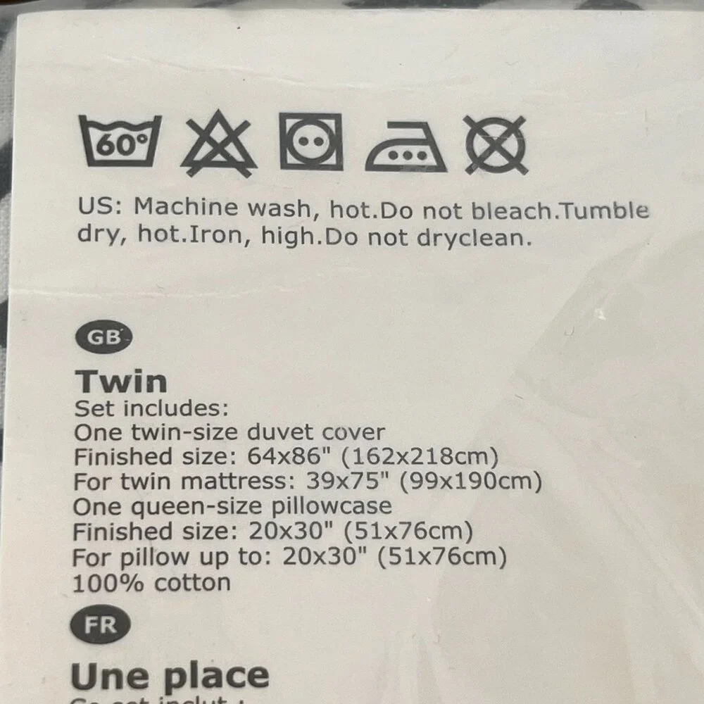 New IKEA Fagerginst Twin Duvet Cover & Pillowcase Set Black White Leaf Cotton